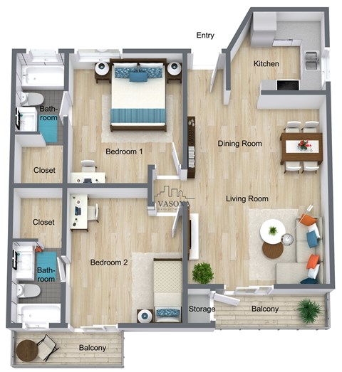 A floor plan of an apartment with two bedrooms, a living room, a dining room, a kitchen, a bathroom, a balcony, a storage area, and a closet.